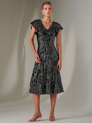 Jolie Moi Charcoal Black Fit & Flare Sequin V-Neck Midaxi Dress - Image 4 of 6