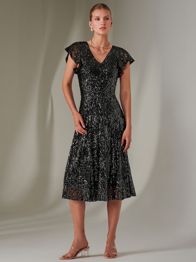 Jolie Moi Charcoal Black Fit & Flare Sequin V-Neck Midaxi Dress - Image 4 of 6