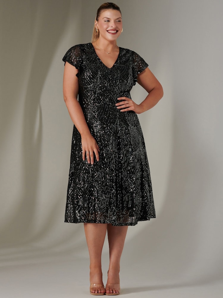 Jolie Moi Charcoal Black Fit & Flare Sequin V-Neck Midaxi Dress - Image 6 of 6
