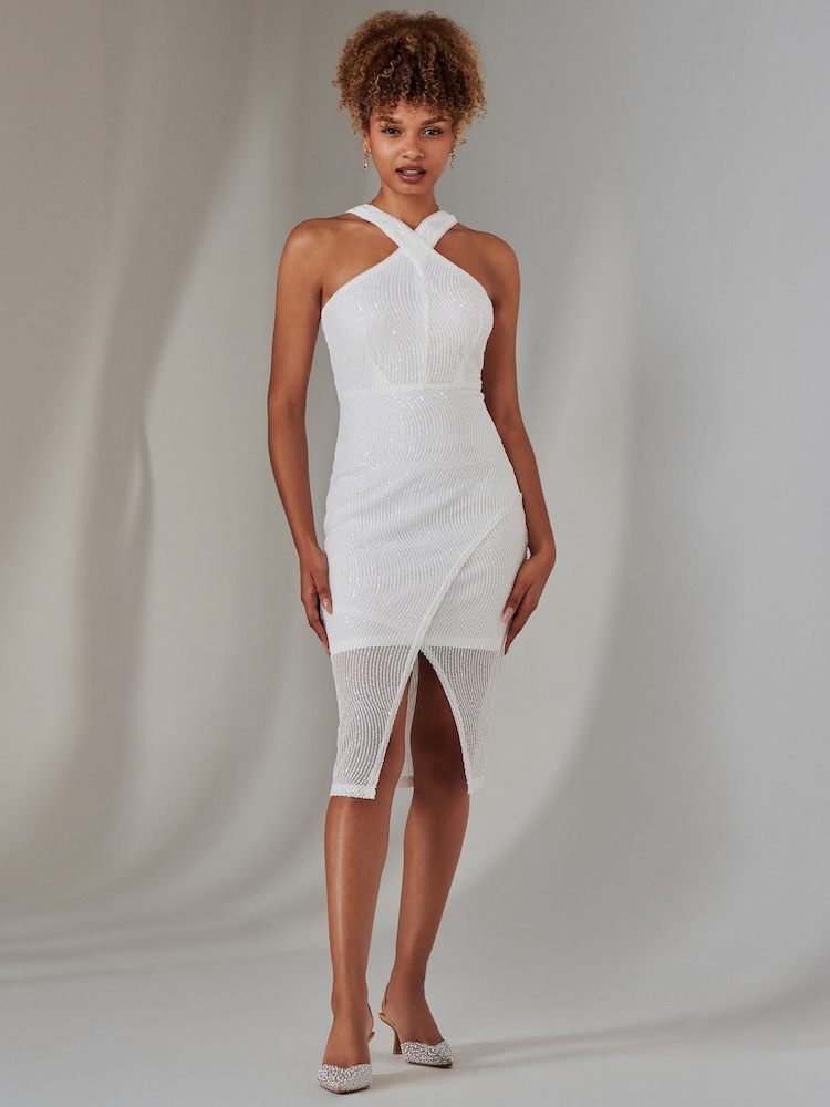 Jolie Moi White Cross Neck Slit Bodycon Dress - Image 1 of 6