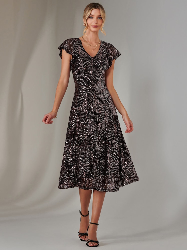 Jolie Moi Black Fit & Flare Sequin V-Neck Midaxi Dress - Image 1 of 6