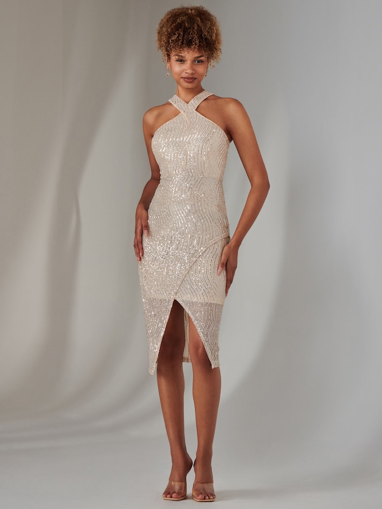 Jolie Moi Nude Cross Neck Slit Bodycon Dress - Image 1 of 6