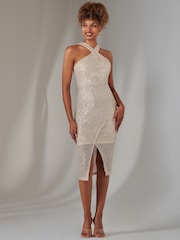 Jolie Moi Nude Cross Neck Slit Bodycon Dress - Image 3 of 6