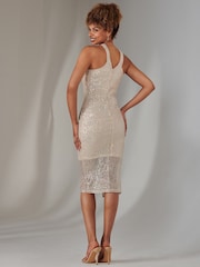 Jolie Moi Nude Cross Neck Slit Bodycon Dress - Image 4 of 6