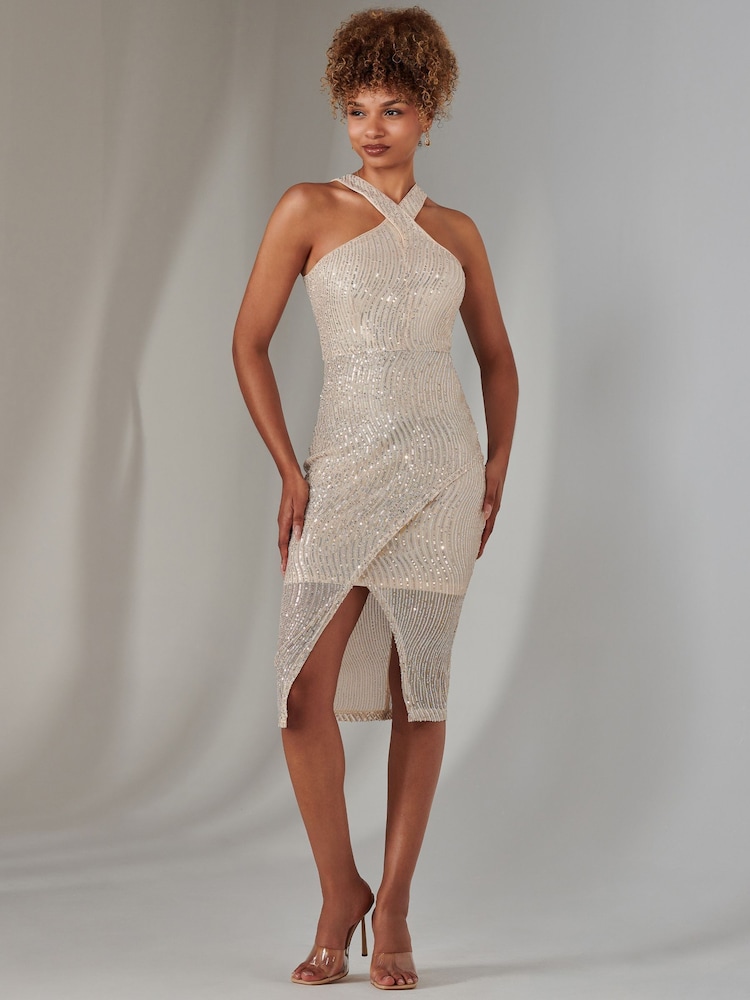 Jolie Moi Nude Cross Neck Slit Bodycon Dress - Image 6 of 6