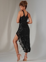 Jolie Moi Black Cross Neck Side Ruffle Sequin Dress - Image 2 of 6