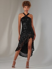 Jolie Moi Black Cross Neck Side Ruffle Sequin Dress - Image 4 of 6
