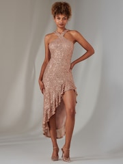 Jolie Moi Metallic Cross Neck Side Ruffle Sequin Dress - Image 1 of 6