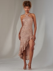 Jolie Moi Metallic Cross Neck Side Ruffle Sequin Dress - Image 2 of 6