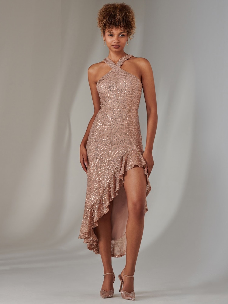 Jolie Moi Metallic Cross Neck Side Ruffle Sequin Dress - Image 2 of 6