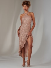 Jolie Moi Metallic Cross Neck Side Ruffle Sequin Dress - Image 3 of 6