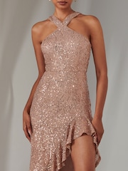 Jolie Moi Metallic Cross Neck Side Ruffle Sequin Dress - Image 5 of 6