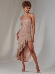 Jolie Moi Metallic Cross Neck Side Ruffle Sequin Dress - Image 6 of 6