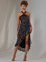 Jolie Moi Blue Cross Neck Side Ruffle Sequin Dress - Image 3 of 6