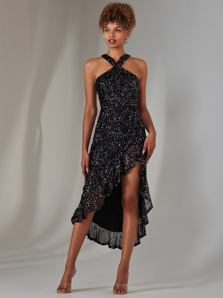 Jolie Moi Blue Cross Neck Side Ruffle Sequin Dress - Image 3 of 6