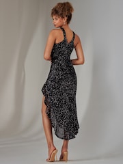 Jolie Moi Blue Cross Neck Side Ruffle Sequin Dress - Image 4 of 6