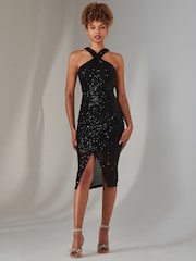 Jolie Moi Black Cross Neck Slit Bodycon Dress - Image 1 of 6
