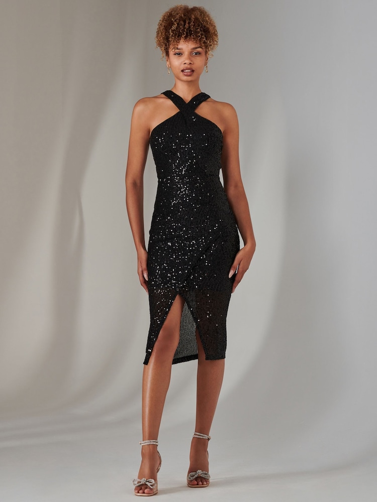 Jolie Moi Black Cross Neck Slit Bodycon Dress - Image 1 of 6