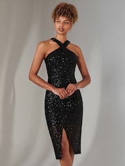 Jolie Moi Black Cross Neck Slit Bodycon Dress - Image 3 of 6