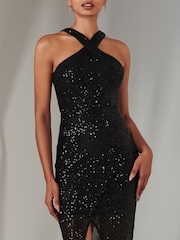 Jolie Moi Black Cross Neck Slit Bodycon Dress - Image 5 of 6