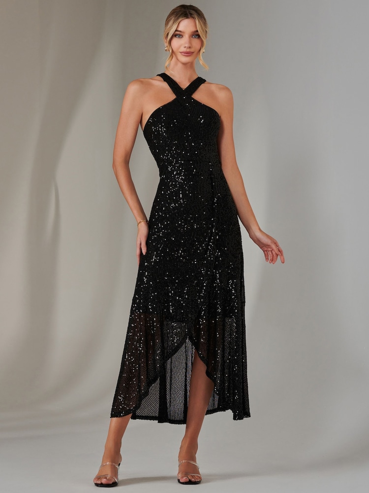 Jolie Moi Black Cross Neck Frill Hem Maxi Dress - Image 1 of 6