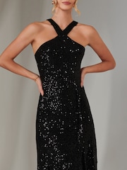 Jolie Moi Black Cross Neck Frill Hem Maxi Dress - Image 3 of 6