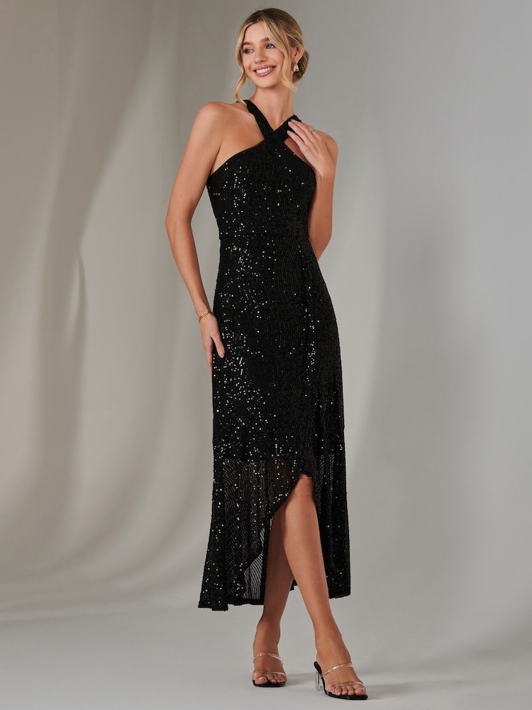 Jolie Moi Black Cross Neck Frill Hem Maxi Dress - Image 6 of 6