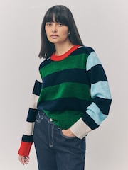 Multi Colour Stripe Crew Neck Knitted Jumper with Wool - Image 1 of 8