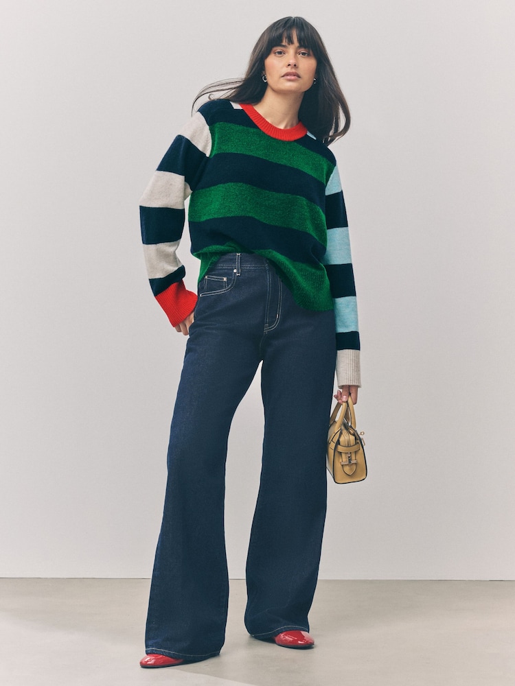 Multi Colour Stripe Crew Neck Knitted Jumper with Wool - Image 2 of 8