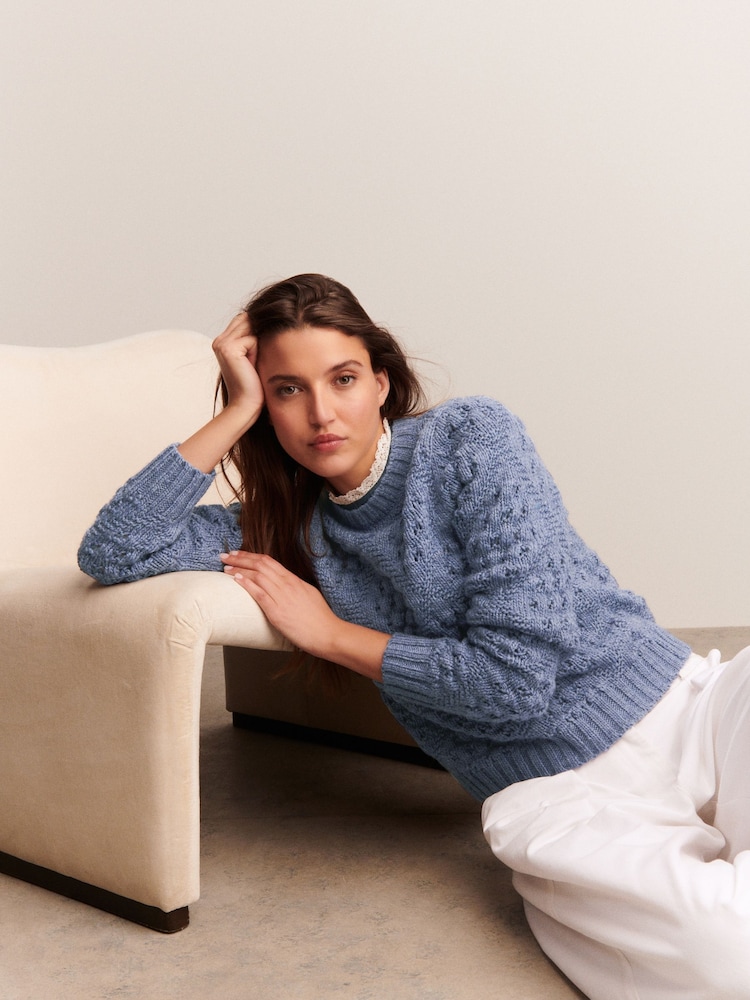 Blue Chambray Frill Collar Stitch Detail Jumper With Wool - Image 1 of 9 Blue Chambray Frill Collar Stitch Detail Jumper With Wool - Image 1 of 9