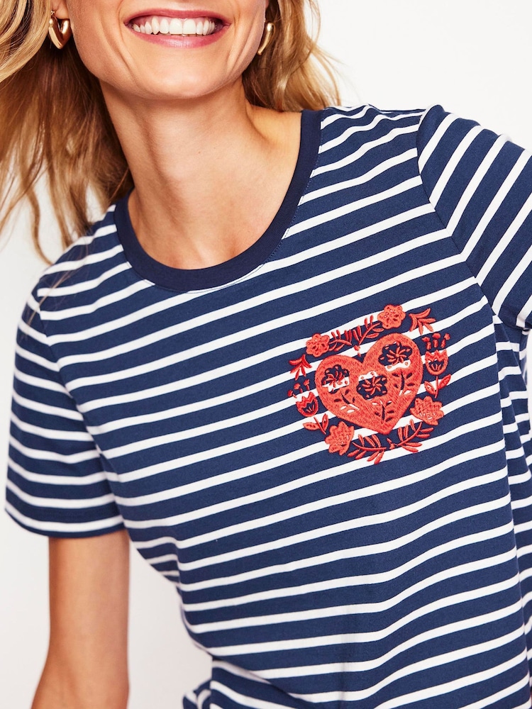 Boden Blue Relaxed Heart Novelty Breton 100% Cotton T-Shirt - Image 2 of 5