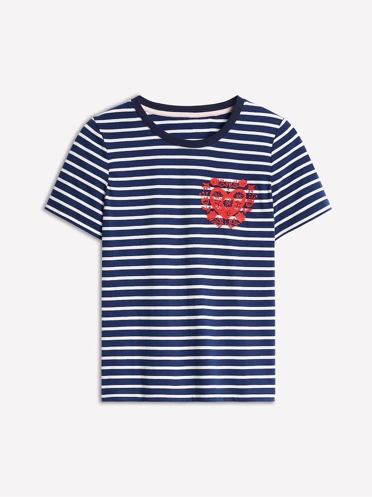 Boden Blue Relaxed Heart Novelty Breton 100% Cotton T-Shirt - Image 5 of 5