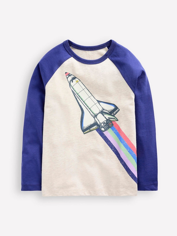 Boden Blue Rocket Glow In The Dark Raglan 100% Cotton T-Shirt - Image 1 of 3 Boden Blue Rocket Glow In The Dark Raglan 100% Cotton T-Shirt - Image 1 of 3