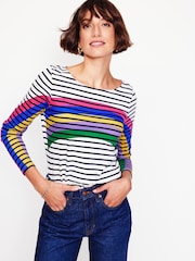 Boden Blue Ella Rainbow Long Sleeve 100% Cotton Breton T-Shirt - Image 1 of 5