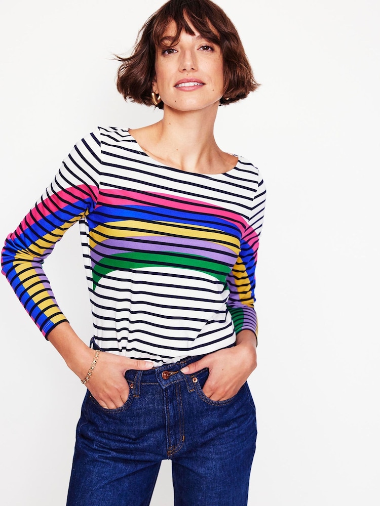Boden Blue Ella Rainbow Long Sleeve 100% Cotton Breton T-Shirt - Image 1 of 5