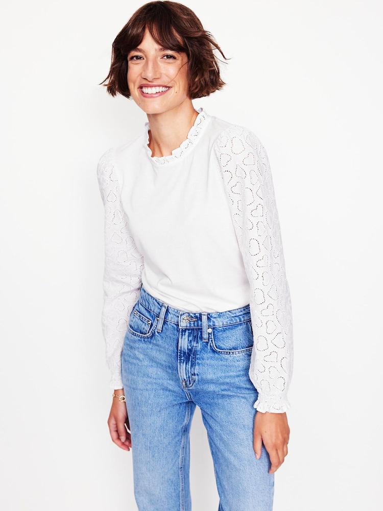 Boden White Broderie Sleeve Frill Neck Top - Image 4 of 5