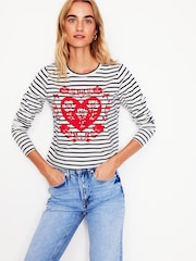 Boden Cream Heart Long Sleeve Breton 100% Cotton Jersey Top - Image 1 of 5