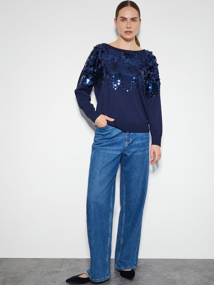 Monsoon Blue Sabine Boat Neck Sequin Jumper - Image 2 of 3