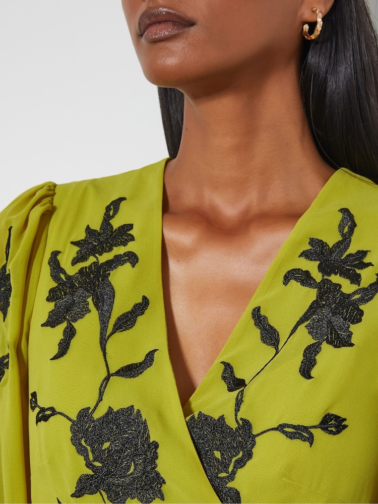 Monsoon Green Willa Floral Print Embroidered Midi Wrap Dress - Image 2 of 4