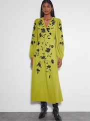 Monsoon Green Willa Floral Print Embroidered Midi Wrap Dress - Image 4 of 4