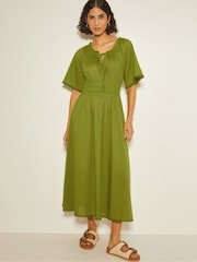 Monsoon Green Nora Short Sleeve 100% Cotton Midi Dress - Image 1 of 3