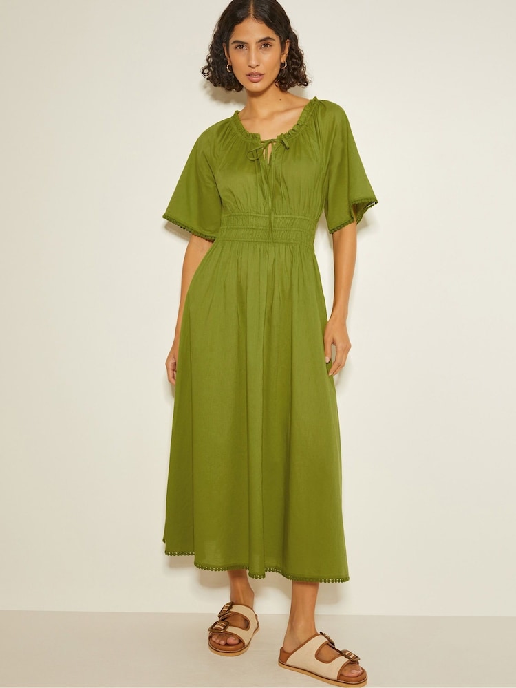 Monsoon Green Nora Short Sleeve 100% Cotton Midi Dress - Image 1 of 3 Monsoon Green Nora Short Sleeve 100% Cotton Midi Dress - Image 1 of 3