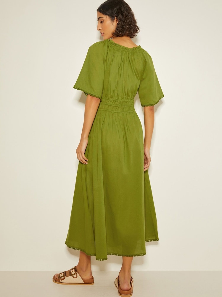 Monsoon Green Nora Short Sleeve 100% Cotton Midi Dress - Image 2 of 3