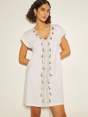 Monsoon White Mini Jodie Tassel Beach 100% Cotton Tunic Dress - Image 1 of 3