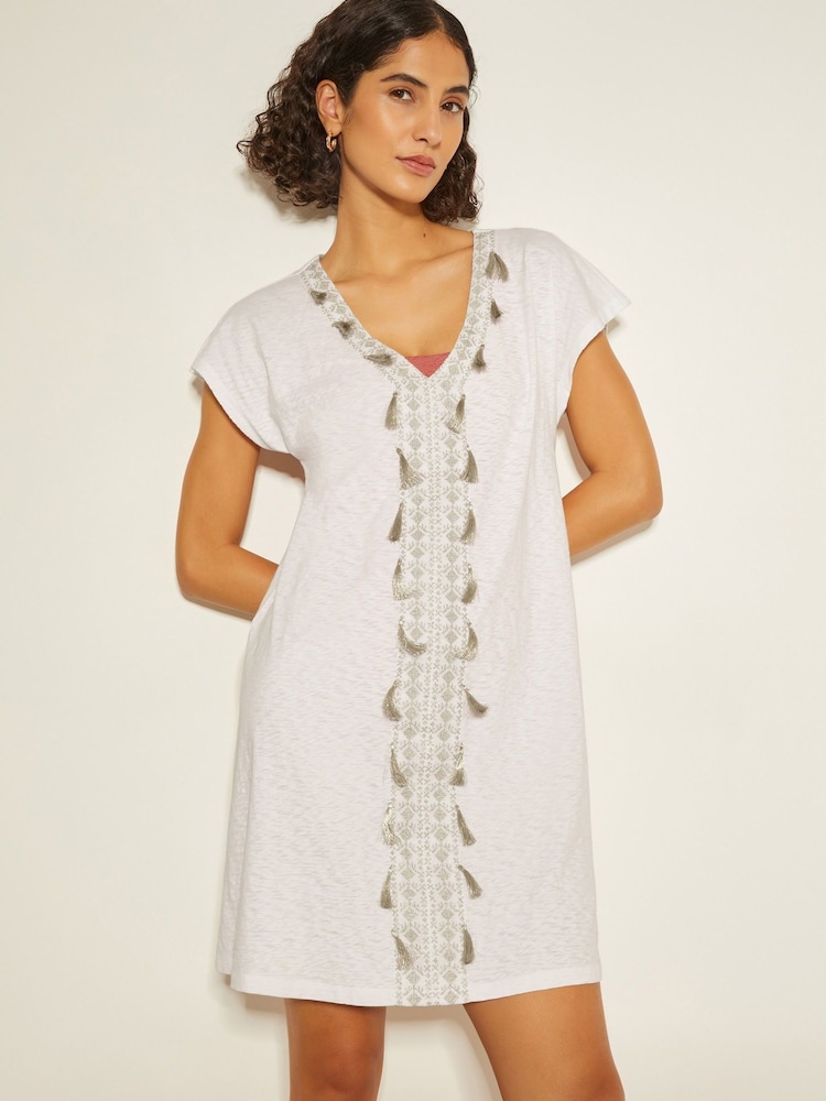 Monsoon White Mini Jodie Tassel Beach 100% Cotton Tunic Dress - Image 1 of 3