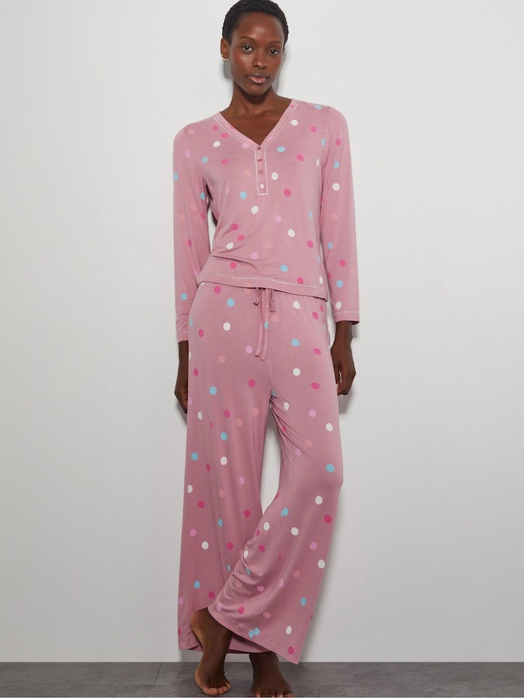 Monsoon Pink Sabrina Spot Long Pyjamas Set - Image 1 of 4