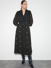 Monsoon Black Delilah Sheer Sleeve Embroidered Midi Dress - Image 1 of 3