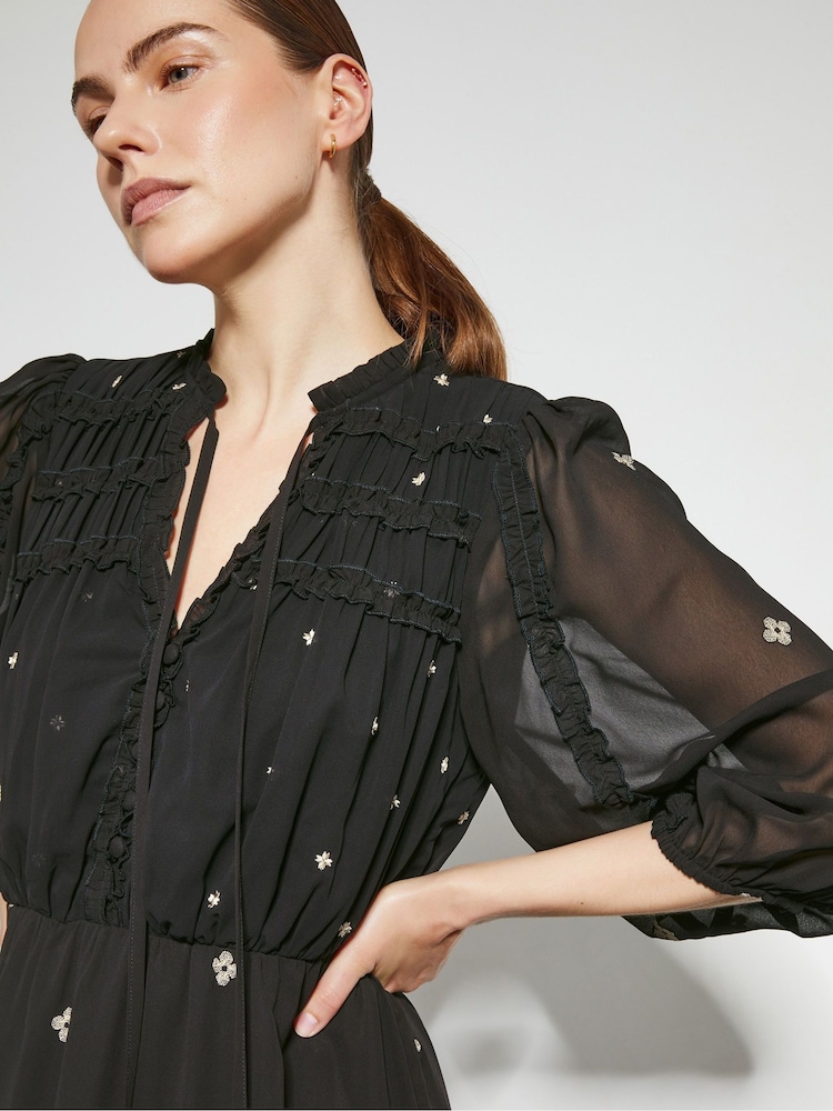 Monsoon Black Delilah Sheer Sleeve Embroidered Midi Dress - Image 2 of 3