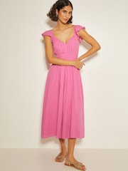 Monsoon Pink Marlee Ruffle Sun 100% Cotton Midi Dress - Image 1 of 3