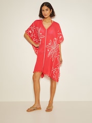 Monsoon Pink Penny Tassel Embroidered 100% Cotton Kaftan - Image 1 of 3